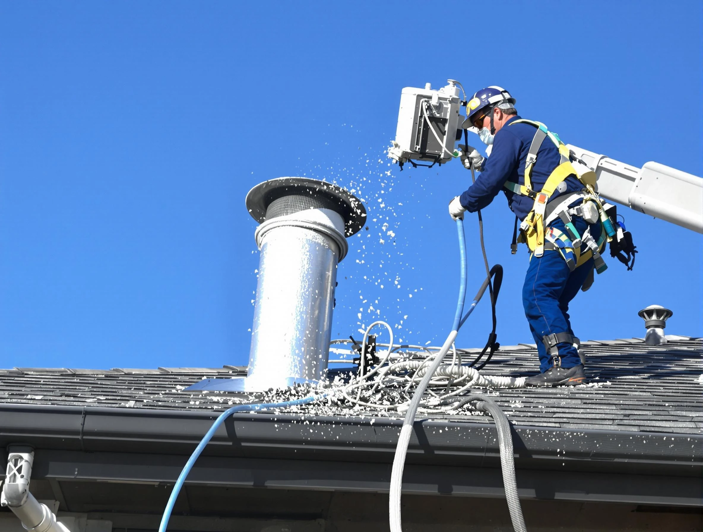 Forest Hills Dryer Vent Cleaning certified technician safely cleaning a roof-mounted dryer vent in Forest Hills